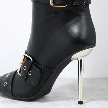 Black Faux Leather Pointed Toe Buckle Stiletto Heel Knee High Boots