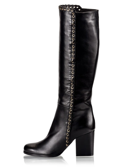 Black Round Toe Chunky Heel Knee High Boots with Studs