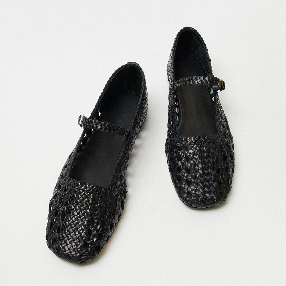 Black Square Toe Woven Detail Buckle Strap Flat Shoes Women