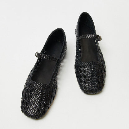 Black Square Toe Woven Detail Buckle Strap Flat Shoes Women