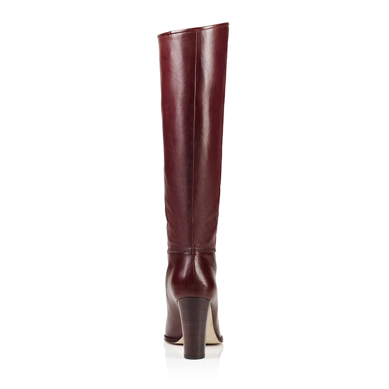 Classic Maroon Pointed Toe Chunky Heel Knee High Boots