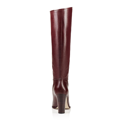 Classic Maroon Pointed Toe Chunky Heel Knee High Boots