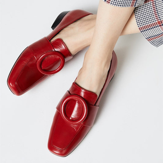 Red Ring Detail Square Toe Low Heel Loafers for Women