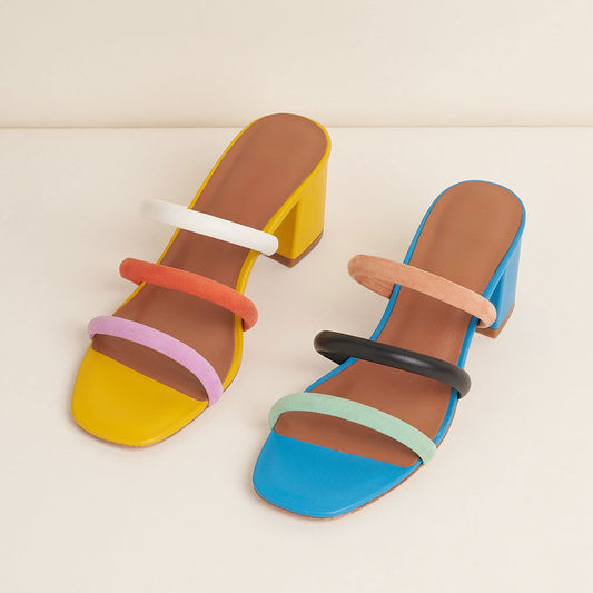 Vegan Leather & Faux Suede Rainbow Chunky Heel Women's Mules Shoes
