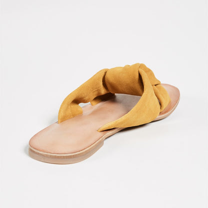 Casual Mustard Vegan Suede Open-Toe Knotted Flats Slide Sandals