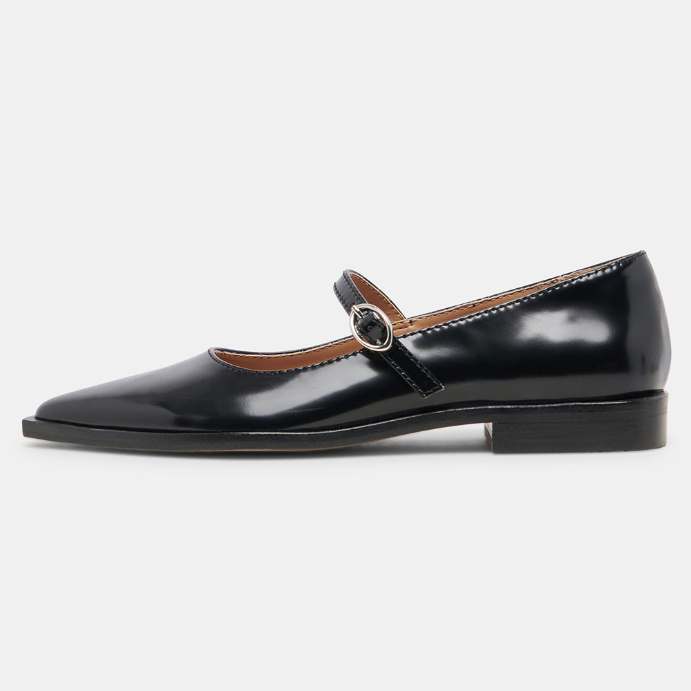 Black Patent Leather Pointed Toe Mary Jane Flats with Buckle Strap