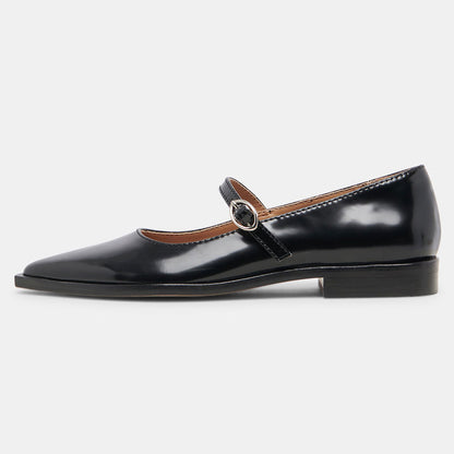 Black Patent Leather Pointed Toe Mary Jane Flats with Buckle Strap