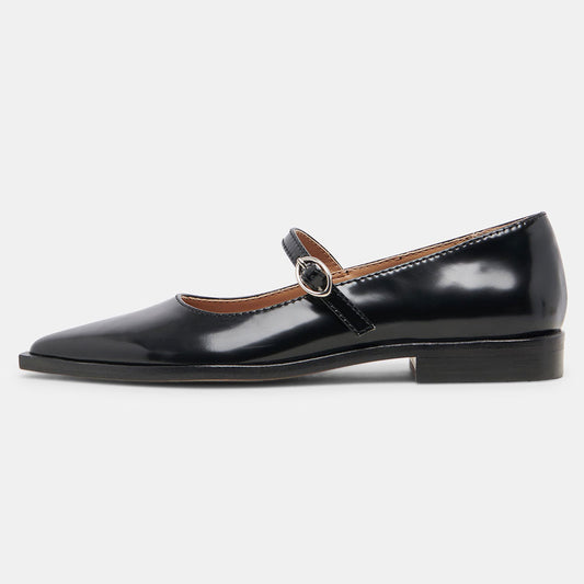 Black Patent Leather Pointed Toe Mary Jane Flats with Buckle Strap