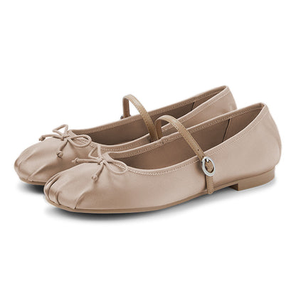 Casual Nude Satin Bow Round Toe Pleated Flats with Buckle Strap