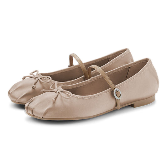Casual Nude Satin Bow Round Toe Pleated Flats with Buckle Strap