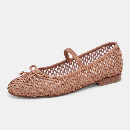 Nude Vegan Leather Round Toe Flat Stylish Woven Ballet Shoes