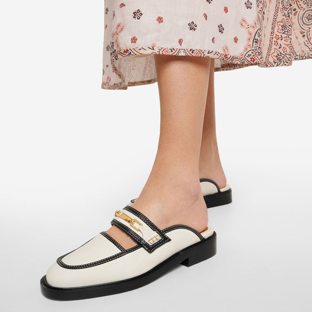 White & Black Round-Toe Low Block Heel Mule Loafers with Chain