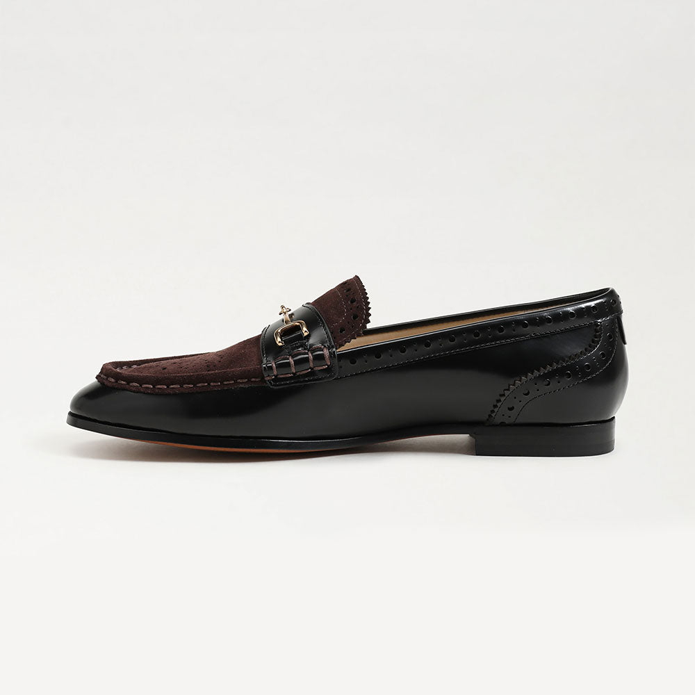Black and Dark Brown Closed-Toe Perforated Flat Horsebit Loafers