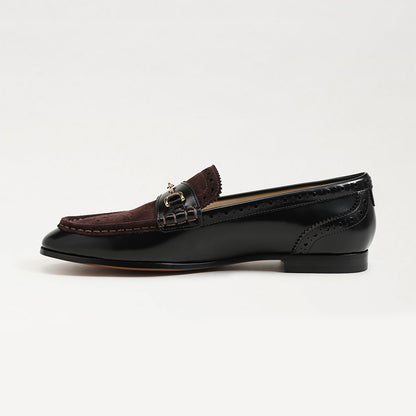 Black and Dark Brown Closed-Toe Perforated Flat Horsebit Loafers