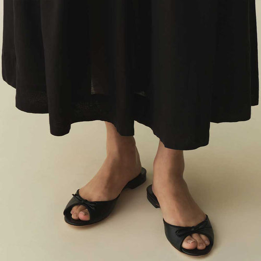 Black Vegan Leather Round Toe Bow Inlay Flat Comfy Lady's Slippers