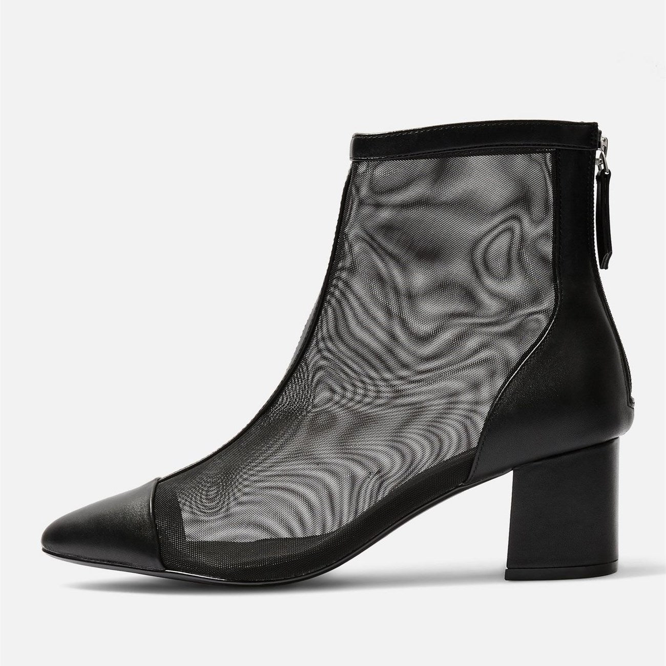 Black Pointy Toe Nets Chunky Heel Ankle Boots