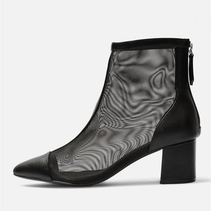 Black Pointy Toe Nets Chunky Heel Ankle Boots