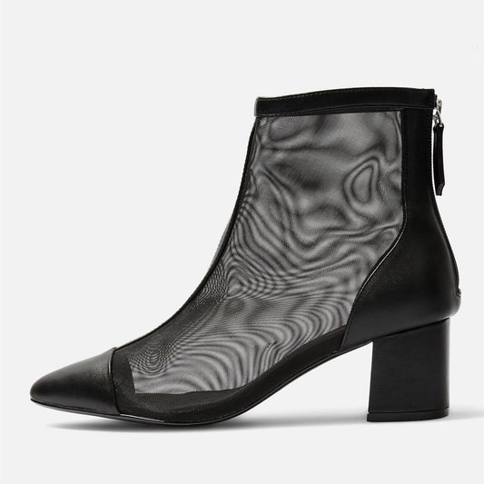 Black Pointy Toe Nets Chunky Heel Ankle Boots