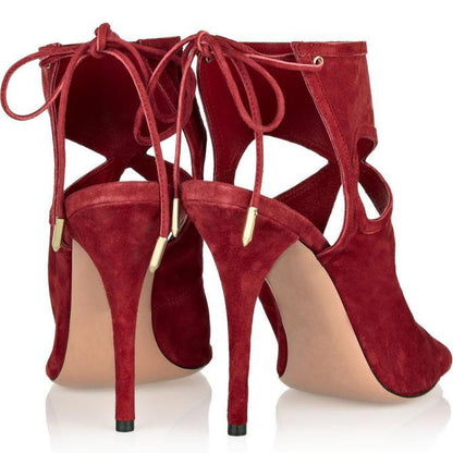FSJ Peep Toe Cut Out Rear Lace Up Burgundy High Heel Shoes