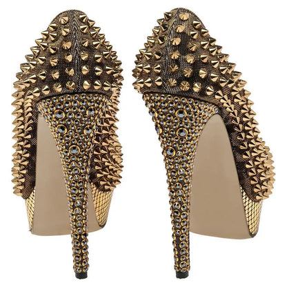 Women's Platform Pumps Peep Toe Rivet Embellished Sexy High Heels