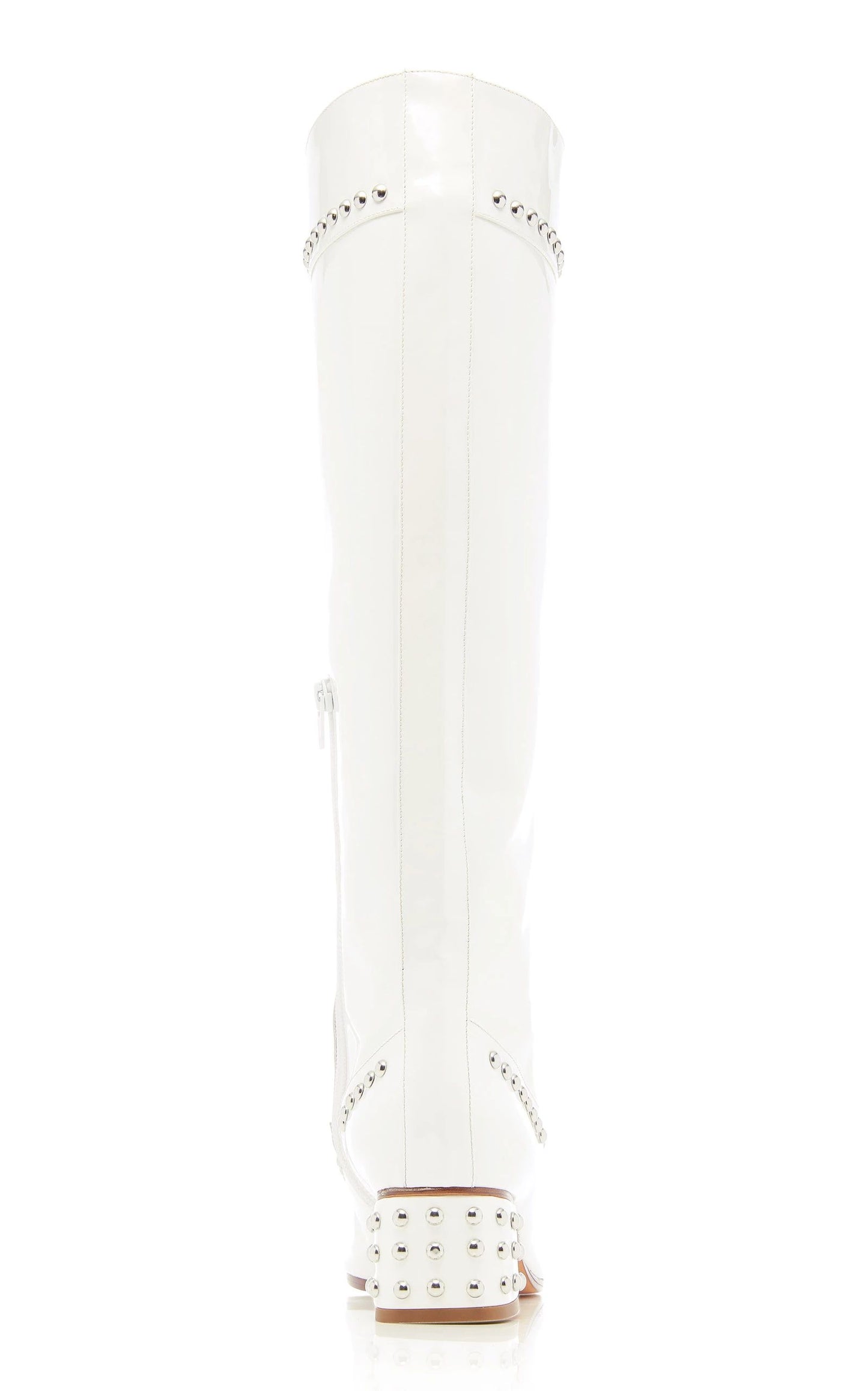 White Patent Leather Studded Knee High Boots with Block Heels