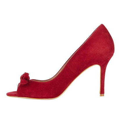 Women's Red Vegan Suede Bow Heels Fashion Peep Toe Pumps Shoes
