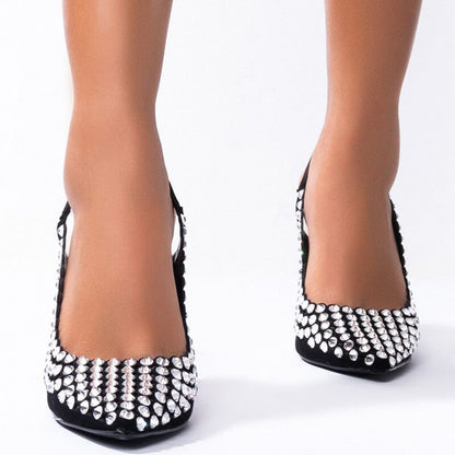Women's Rhinestone Pointed Toe Stiletto Heel Slingback Pumps in Black
