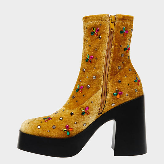 Yellow Velvet Round Toe Chunky Heel Rhinestone Platform Boots