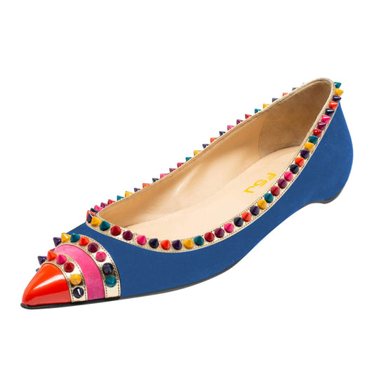 FSJ Trendy Blue Vegan Suede Slip-On Rivets Pointed Toe Flats