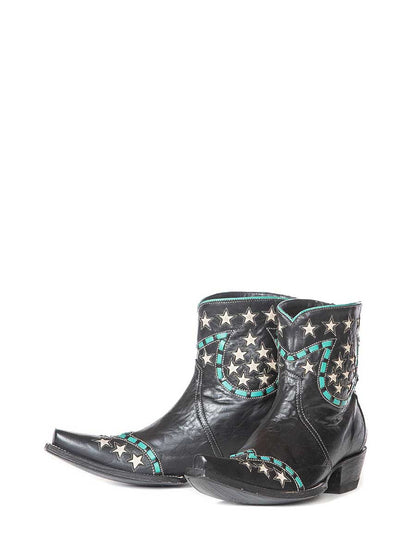 Black Vegan Leather Snip Toe Star Patch-Work Cowgirl Ankle Boots With Chunky Heels