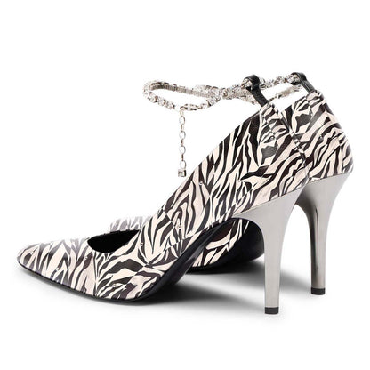 Zebra Print Rhinestone Chain Pointed Toe Studded Pumps Heels