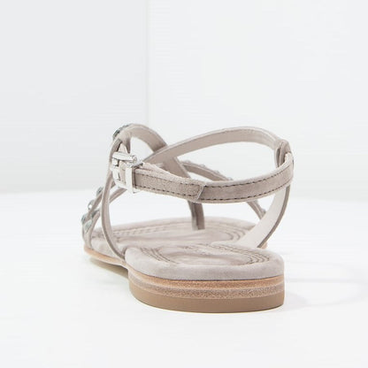 Grey Vegan Suede Flats Open Toe Rhinestone Strappy Sandals