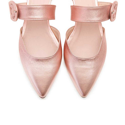 Light Pink Metallic Finish Pointed Toe Buckle Strap Mary Jane Flats