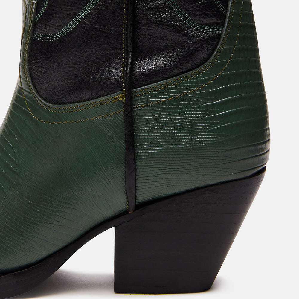 Black & Green Croco Embossed Pointed Toe Mid-Calf Cowgirl Boots