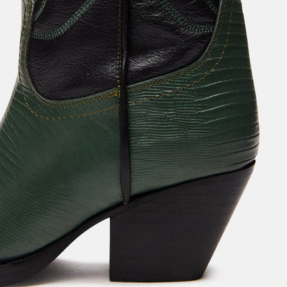 Black & Green Croco Embossed Pointed Toe Mid-Calf Cowgirl Boots