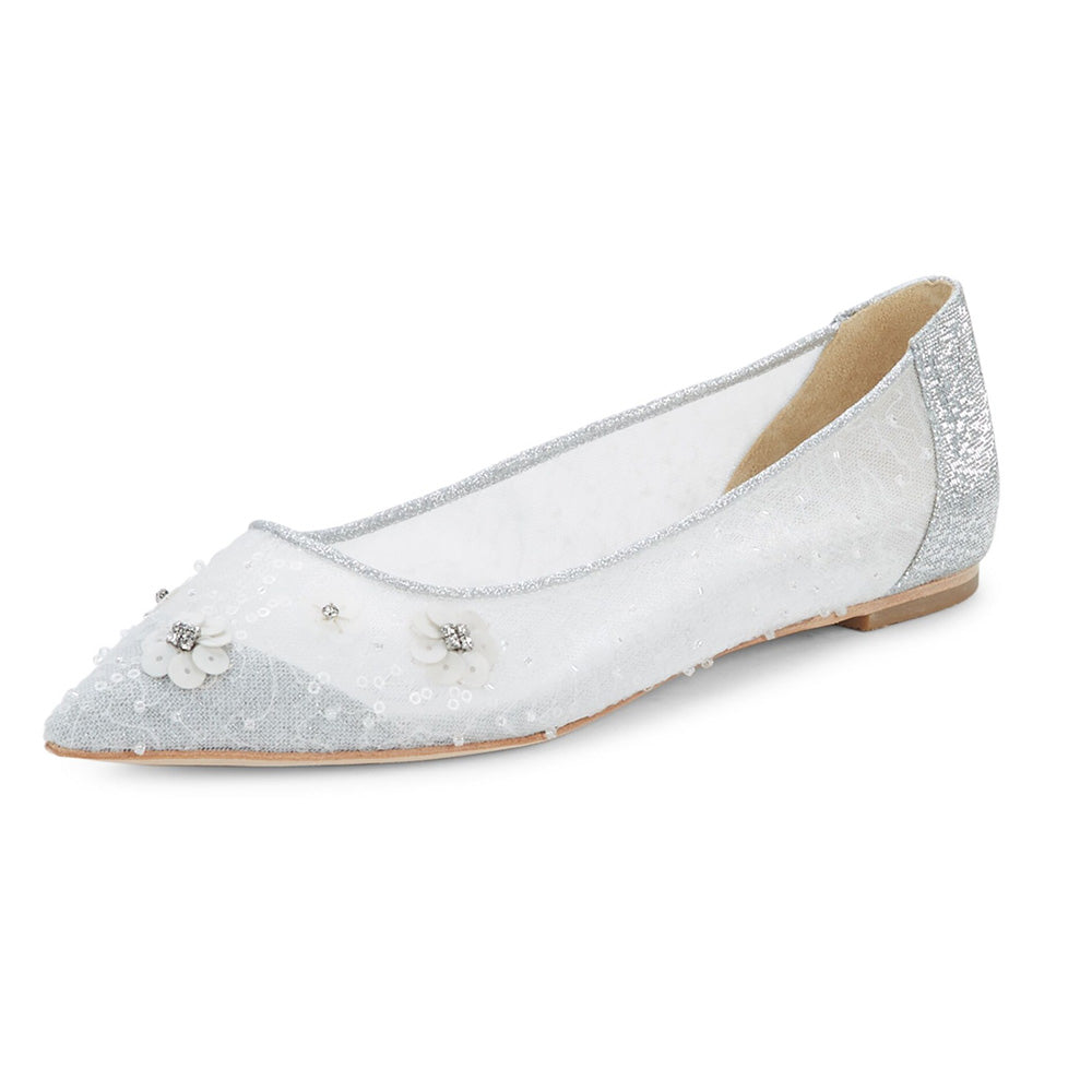 Stylish Silver Glitter Patchwork Pointed Toe Sequin Flower Flats