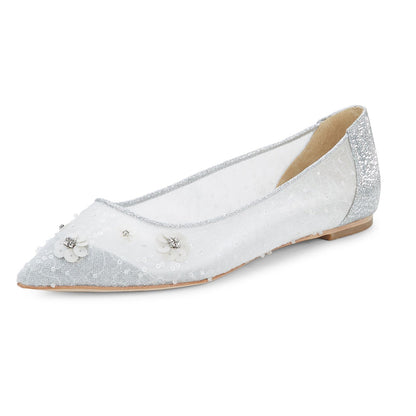 Stylish Silver Glitter Patchwork Pointed Toe Sequin Flower Flats