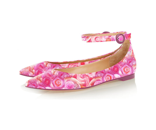 FSJ Pink Printed Ankle Strap Pointed Toe Flats for Women