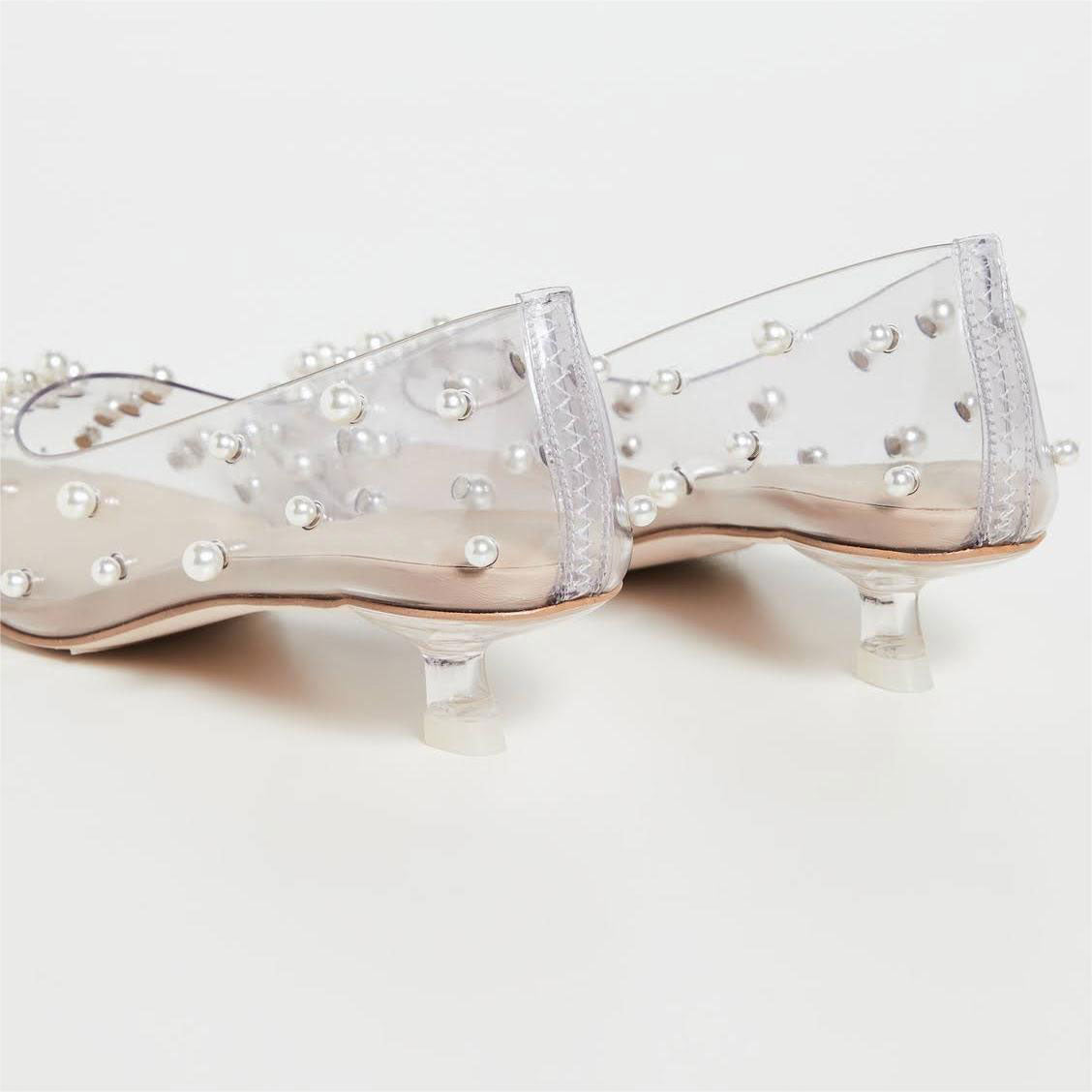 Women's Pearls Embellishment Clear Shoes Pointed Toe Kitten Heel Pumps