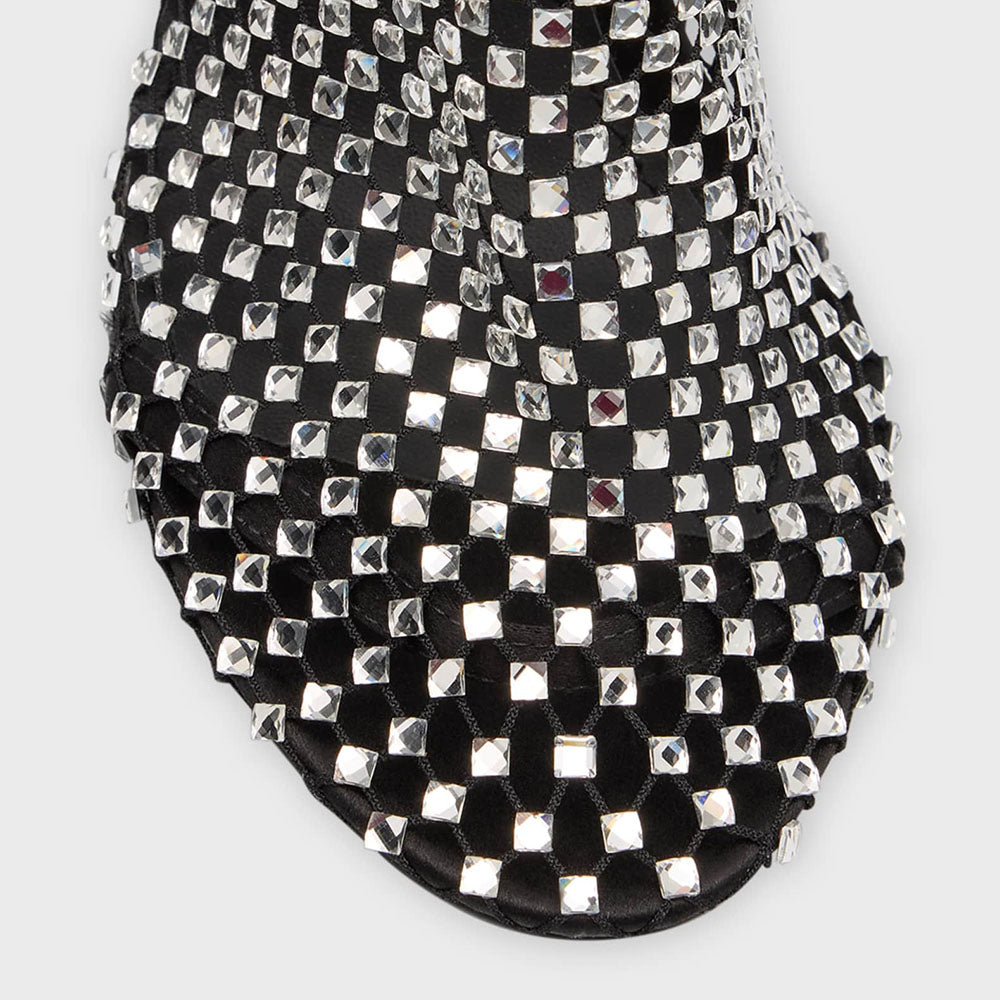 Black Round Toe Stiletto Booties Rhinestone Mesh Ankle Boots