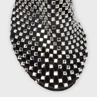 Black Round Toe Stiletto Booties Rhinestone Mesh Ankle Boots