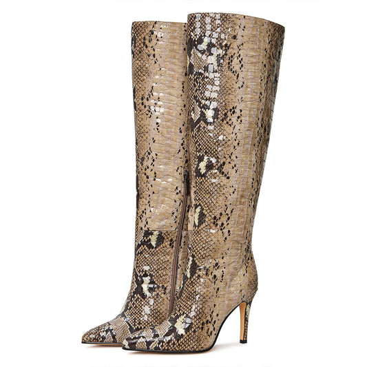 Snakeskin Embossed Stiletto Heel Pointed Toe Knee High Boots