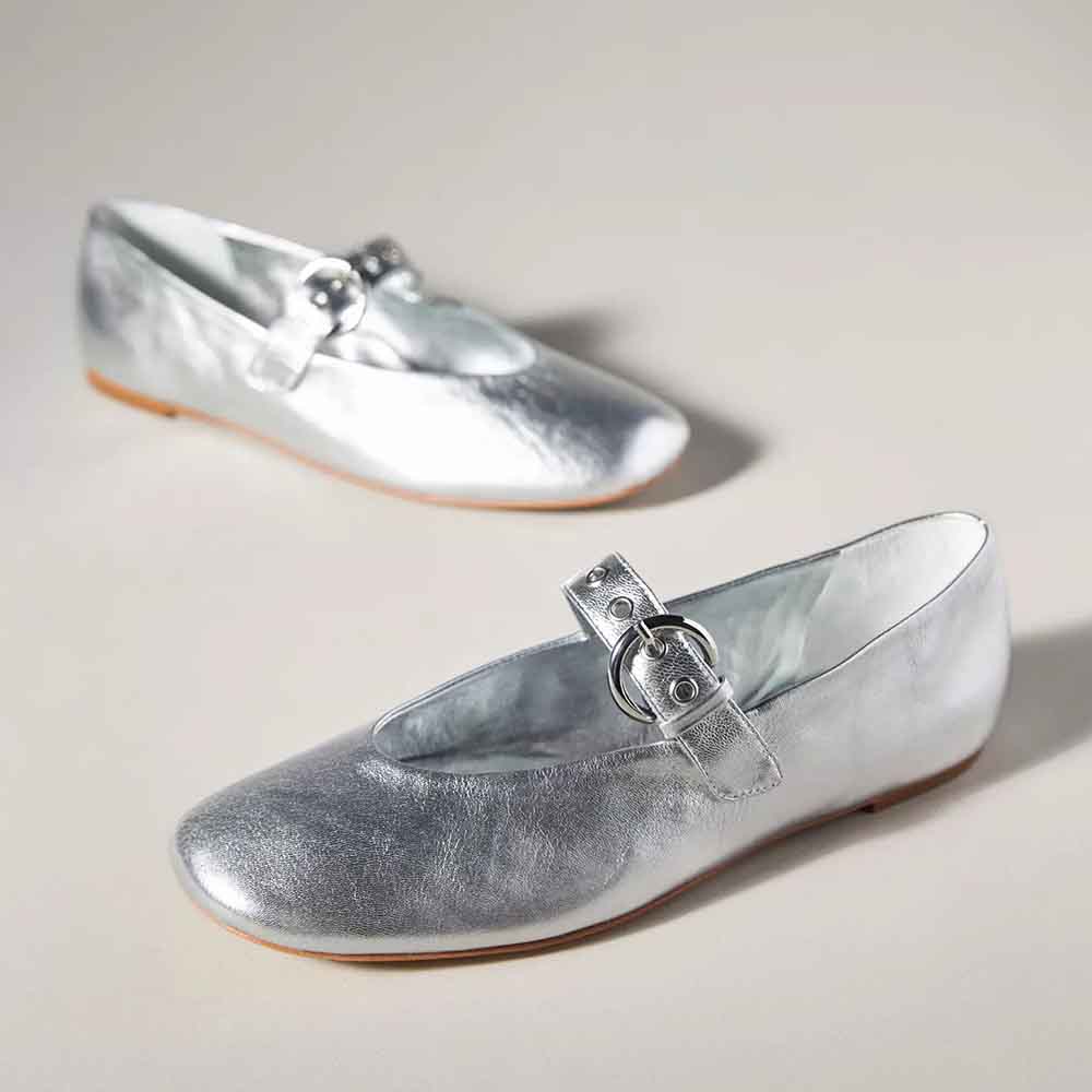 Silver Vegan Leather Round Toe Mary Jane Flats with Buckle