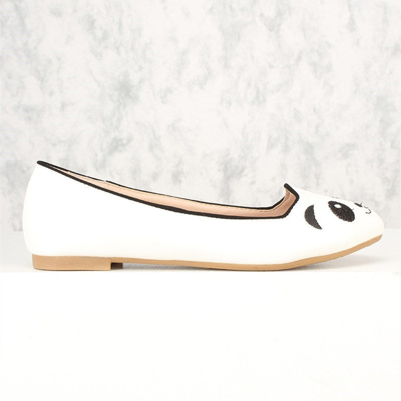 White and Black Panda Embroidered Round Toe Cute Women's Ballet Flats