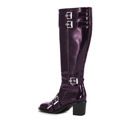 Purple Square Toe Multiple Buckle Strap Block Heel Knee High Boots