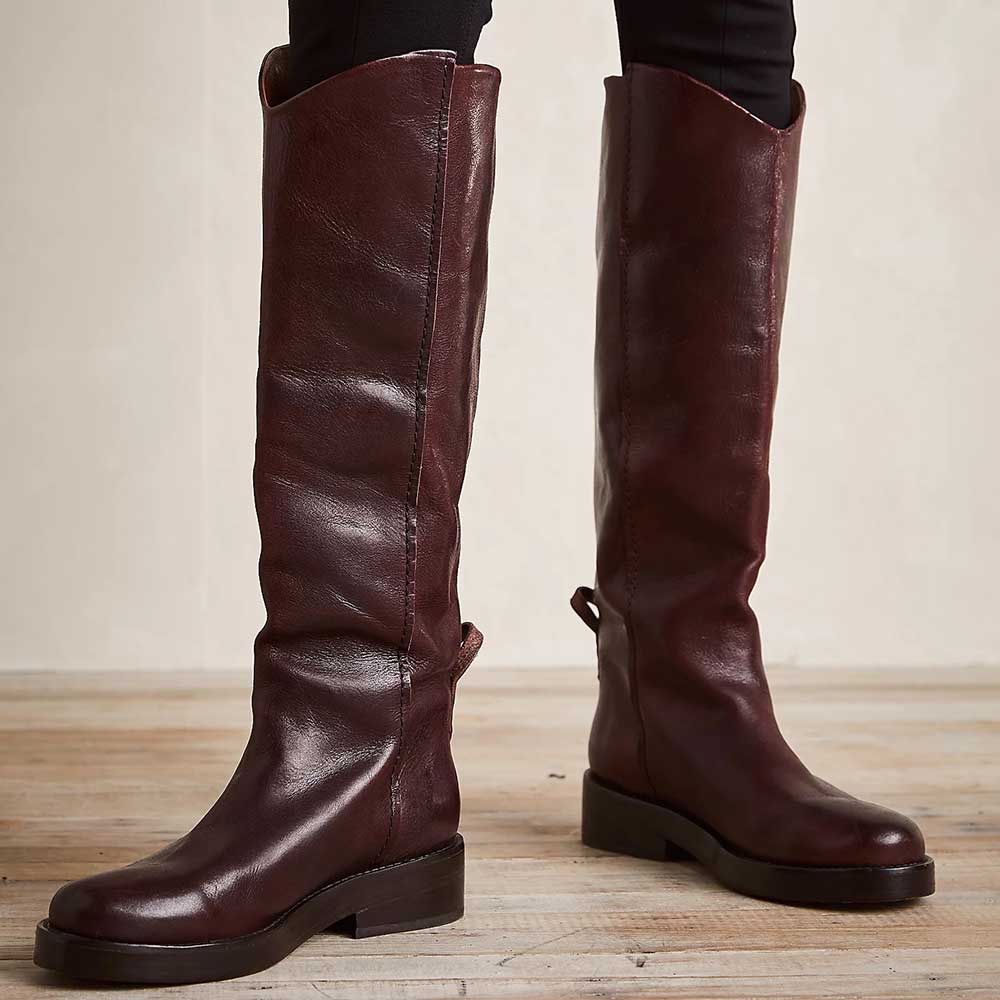 Burgundy Round Toe Pull-On Knee High Boots with Low Chunky Heel