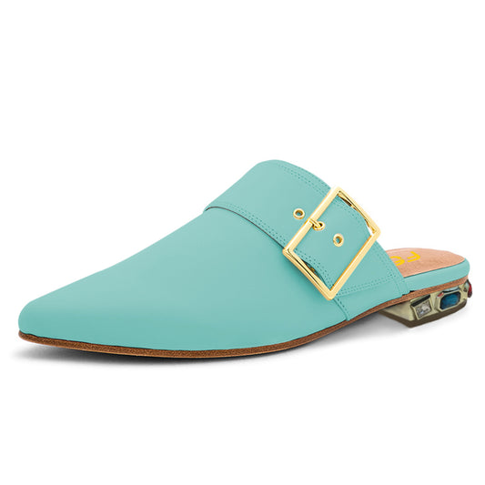 Turquoise Pointed Toe Crystal Decor Mules Shoes with Buckle