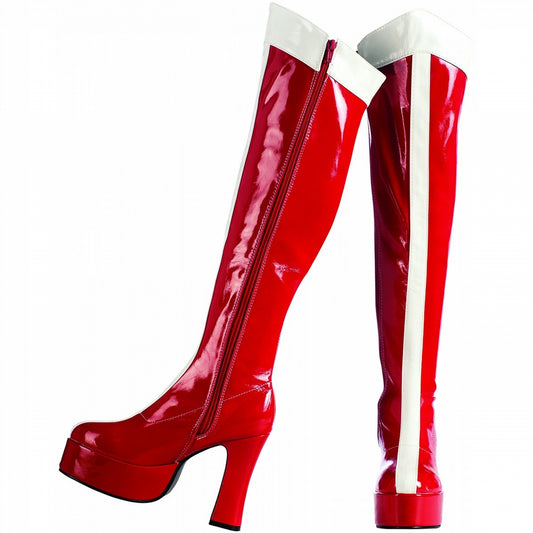Red White Stripe Patent Leather Platform Chunky Heel Knee-High Boots