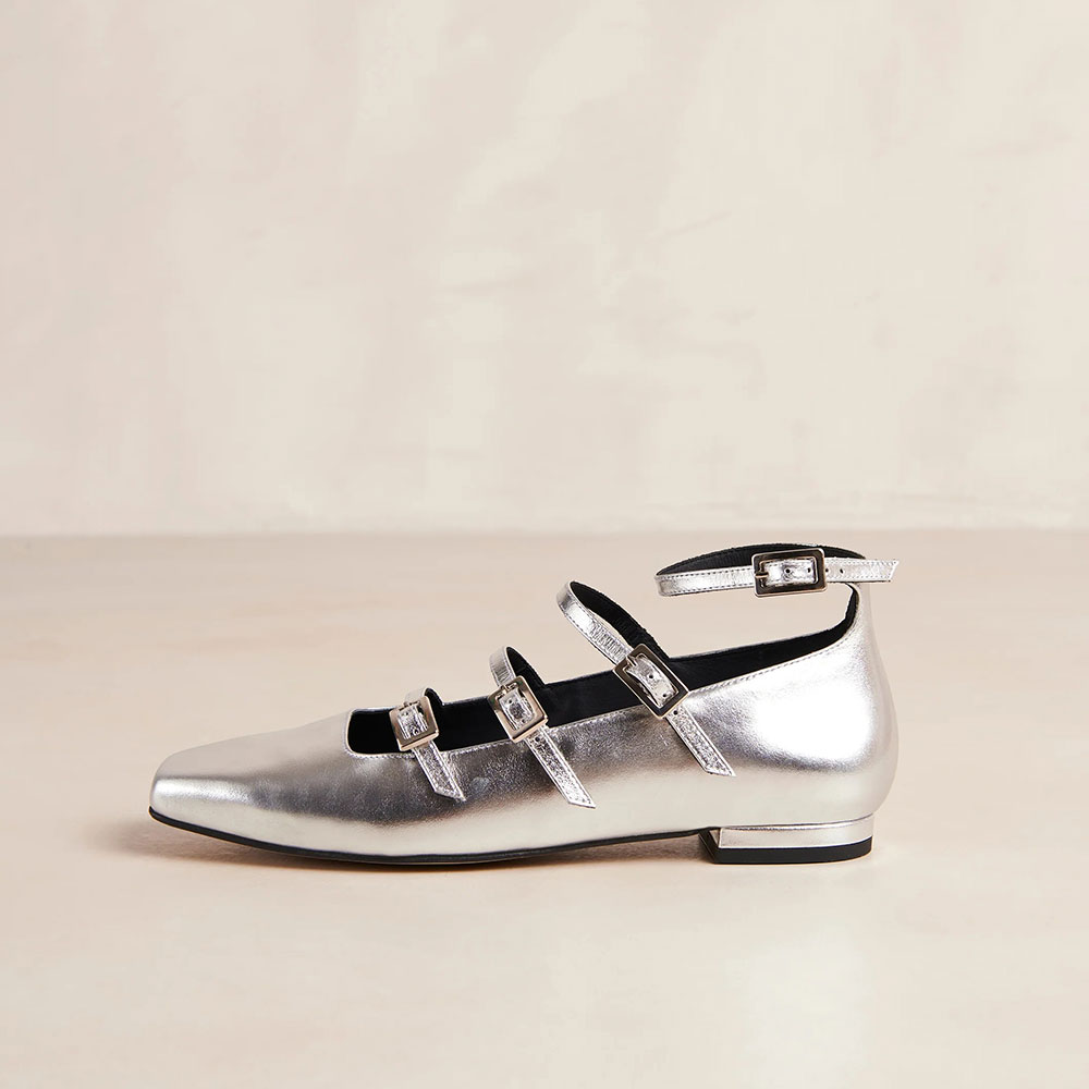 Shiny Silver Square Toe Strappy Flats Buckled Mary Jane Shoes