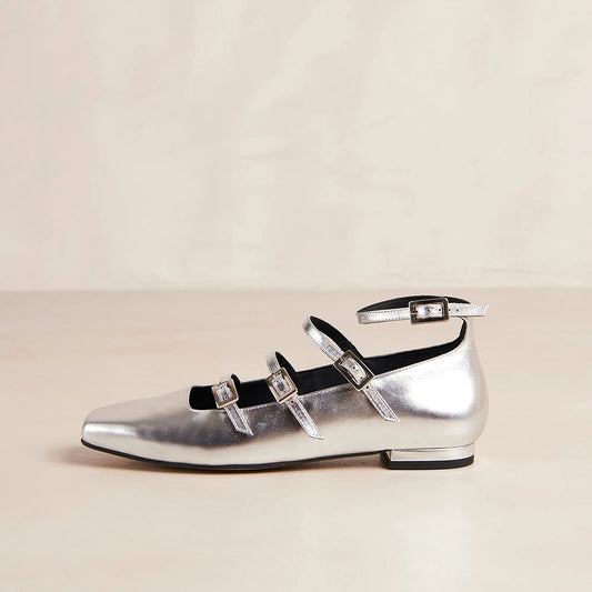Shiny Silver Square Toe Strappy Flats Buckled Mary Jane Shoes